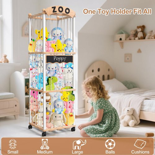 handrong Stuffed Animals Storage,Wood Stuffed Animal Holder Organizer,120+ Plushies Stuffy Storages,3-Tier Toy Storages Organizer Shelf Tower for Nursery Playroom Kidroom Living Room