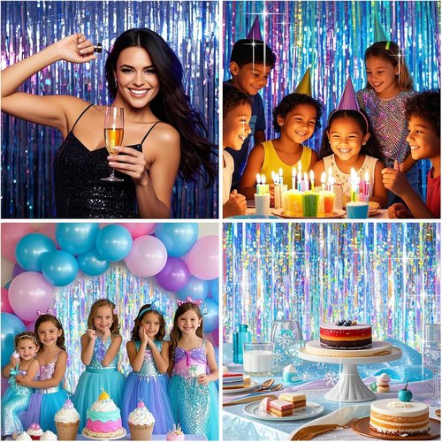 Iridescent Foil Fringe Curtain by [Brand Name] - Neon Holographic Tinsel Backdrop for Parties | 2 Packs