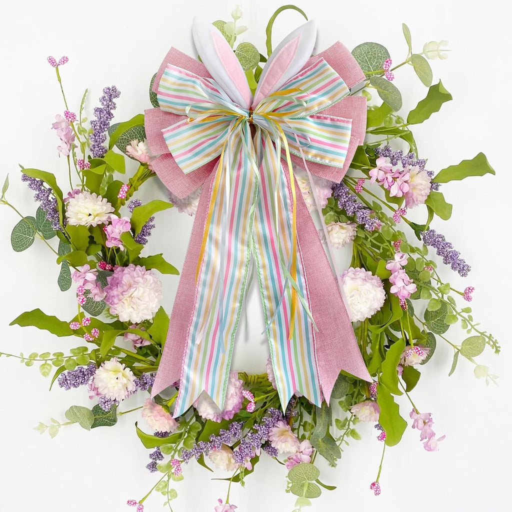 Skiennix Large Easter Pink Burlap Bow - 11.5 x 20 Inches with Bunny Ears for Wreaths & Gift Baskets
