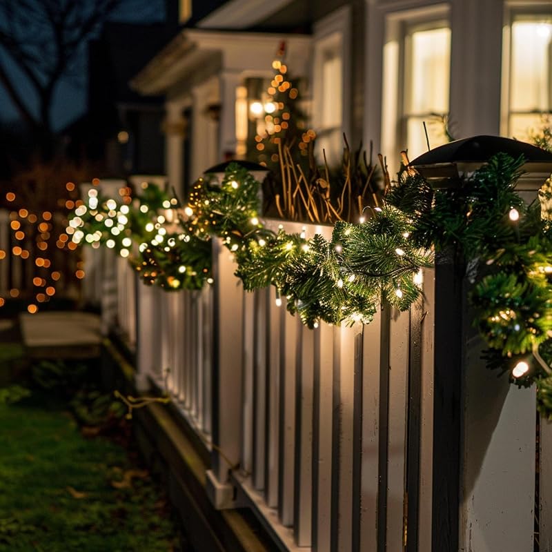 Warm White 30ft Pre-Lit Christmas Garland with 100 LEDs, 8 Modes, Indoor/Outdoor