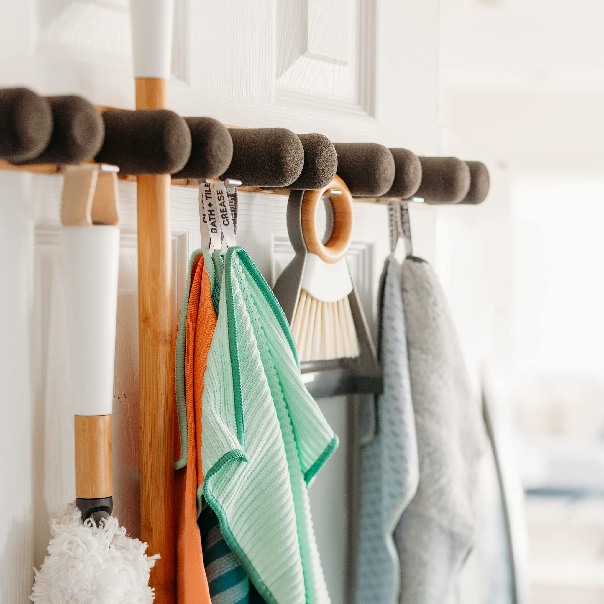 Full Circle Get A Grip, Wall-Mounted Mop and Broom Organizer, Lightweight Bamboo with Foam Pegs, Easy to Install Home Organization, Also Perfect for Garden Tools and Garage, Large