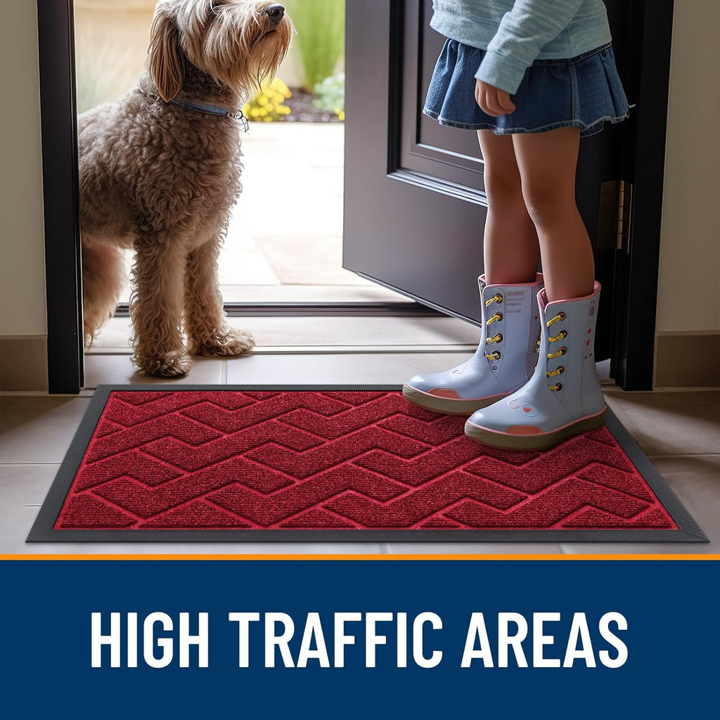 OLANLY Waterproof Front Door Mat - All-Season, Easy Clean Herringbone Design | Wine Red, 59x23 Inches
