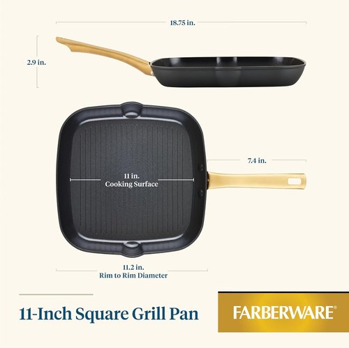 Farberware Forged Induction Ceramic Grill Pan - Nonstick, Dishwasher Safe, 11 Inch | Black and Gold