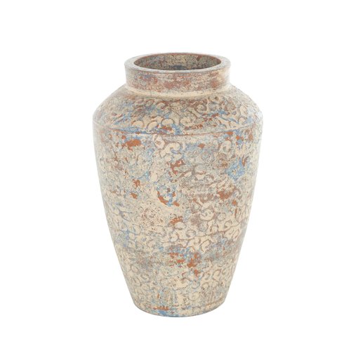 Deco 79 Ceramic Scroll Decorative Vase Antique Style Centerpiece Vase with Blue and Copper Accents, Flower Vase for Home Decoration 10" x 10" x 16", Beige