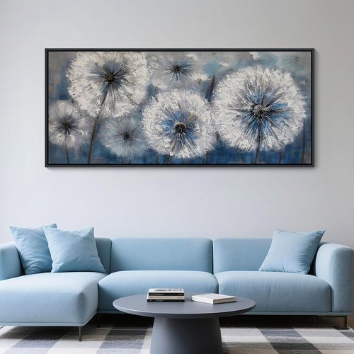 Blue Dandelion Canvas Wall Art - Large Framed Modern Floral Print for Living Room Decor