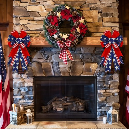 Large 4th of July Bows for Wreath 20x11 Inch, 2 Pack Pre-Tied Patriotic Wired Ribbon Bow, Independence Day, Memorial Day, Tree Topper Bow for Front Door Outdoor Decoration (Blue)