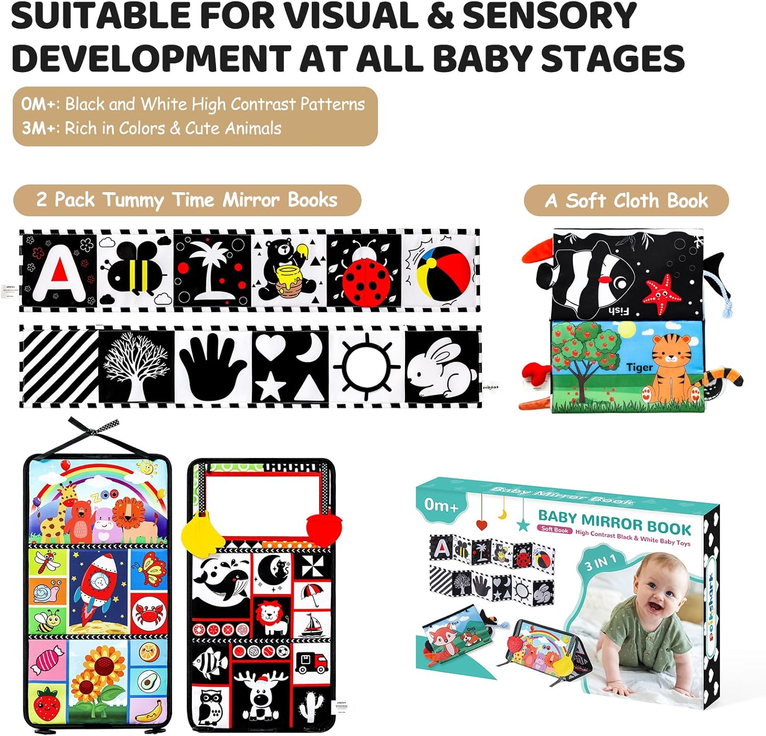 Skiennix 3PCS High Contrast Baby Toys - Tummy Time Mirror & Crinkle Cloth Teether for Newborns