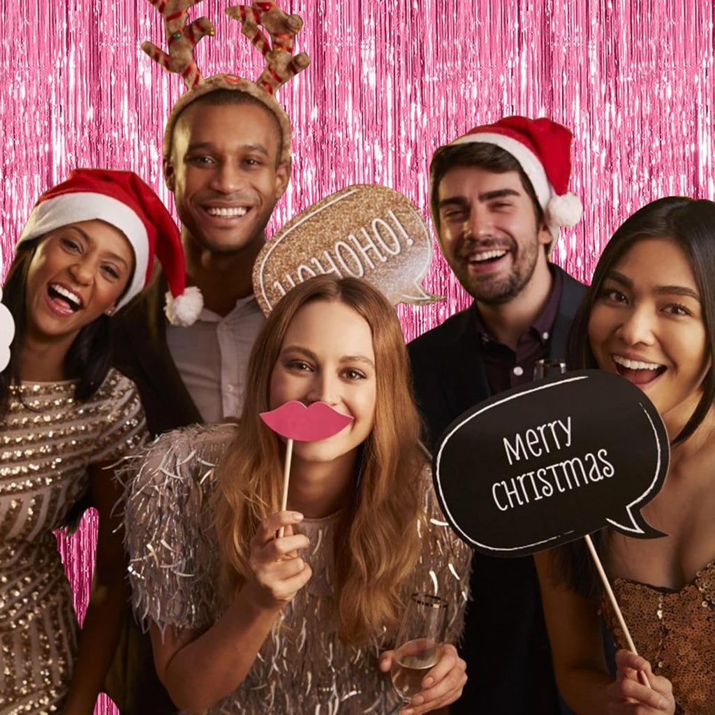 Skiennix Pink Metallic Foil Curtain Backdrop - 5 Pack Tinsel Fringe for Parties & Celebrations