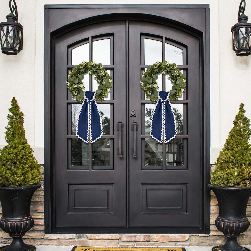 Skiennix Scalloped Wreath Sash - Ruffle Ribbon Bow for Front Door Decor | Navy & White, 2 Pcs