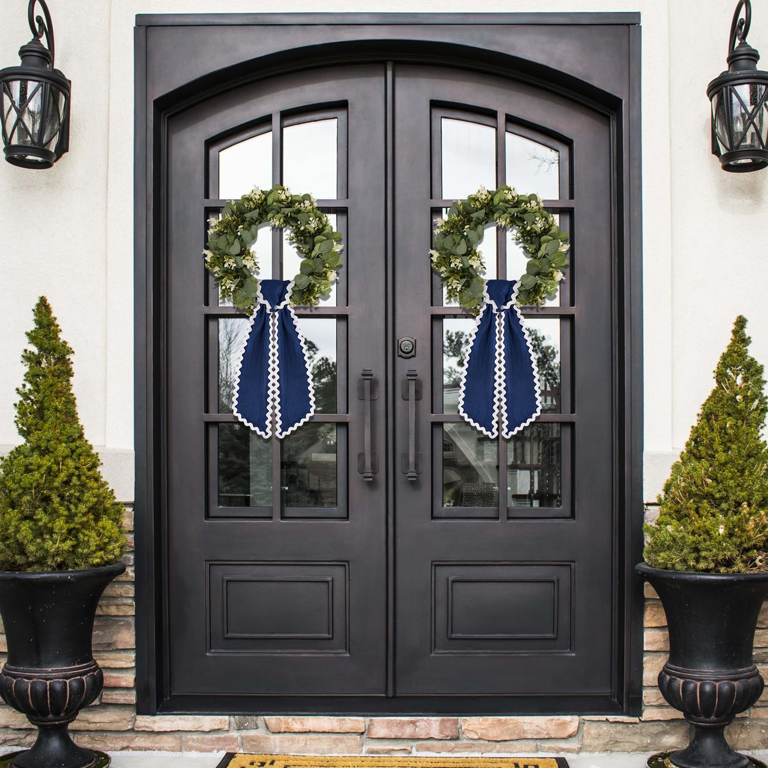 Skiennix Scalloped Wreath Sash - Ruffle Ribbon Bow for Front Door Decor | Navy & White, 2 Pcs