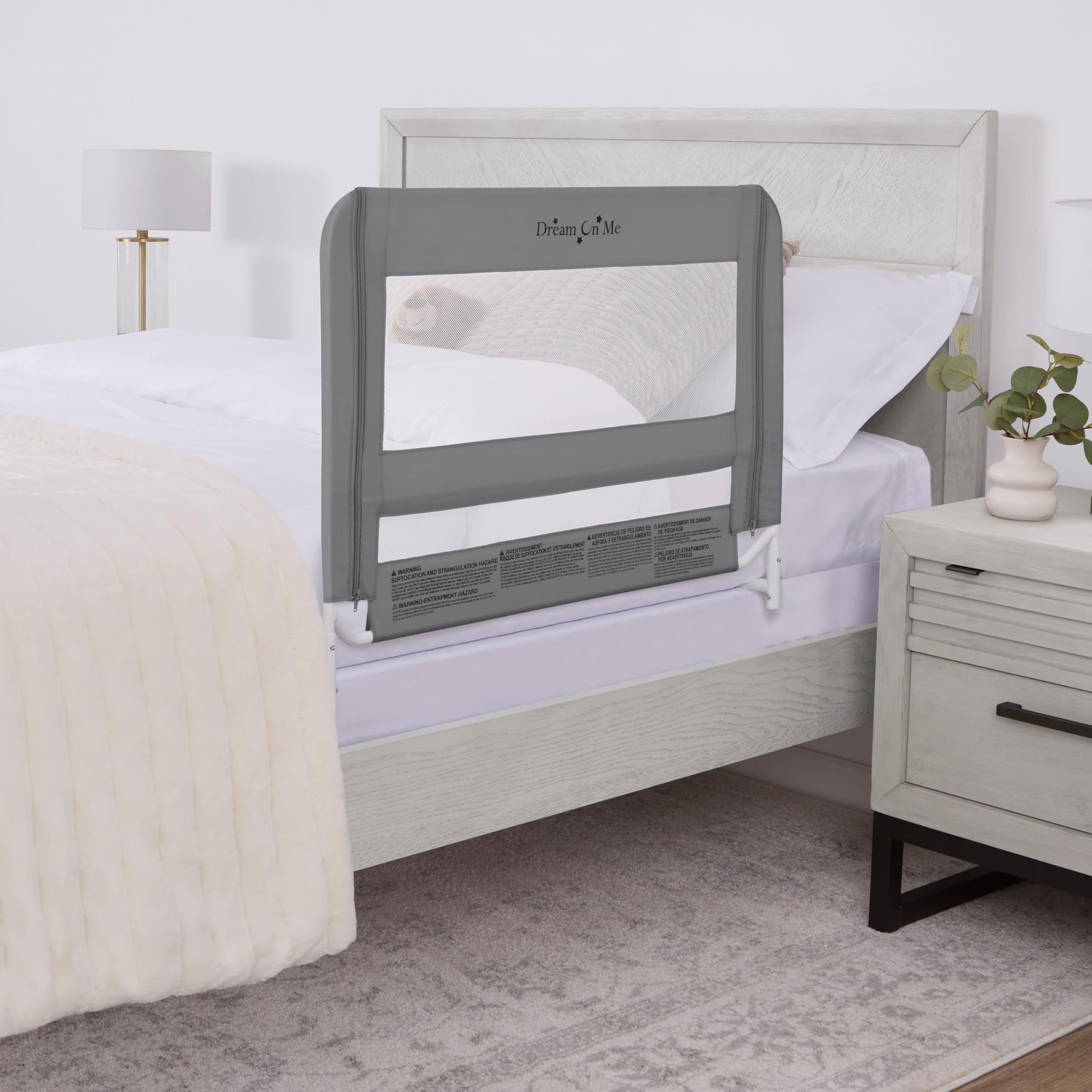 Dream On Me Mesh Security Bed Guard Rail for Toddlers 2–5 Years, Fits Twin–King Beds, Reinforced Anchor System, 2 Adjustable Heights, Grey, Not for Cribs/Toddler Beds