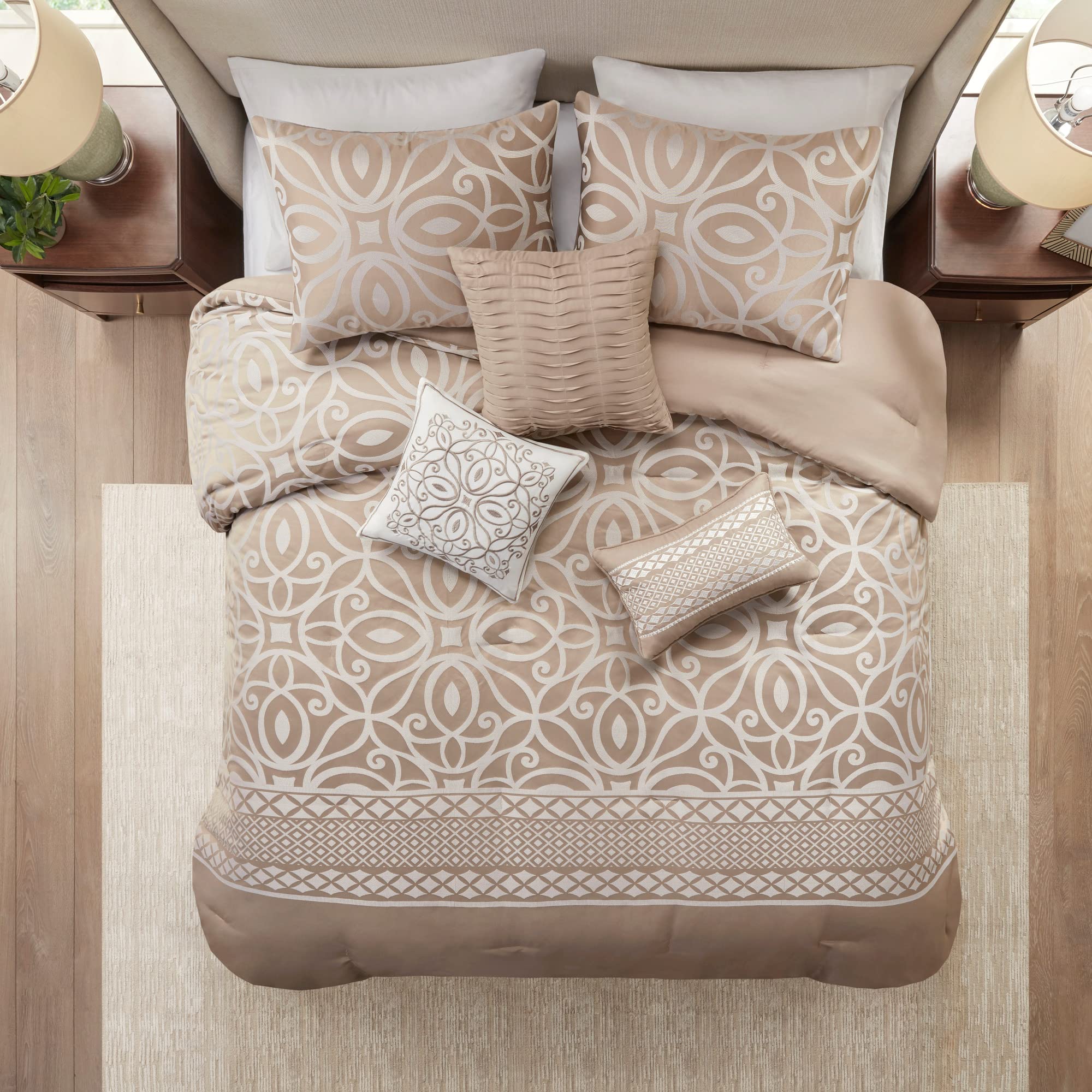 Madison Park Carina Cozy Comforter Set Luxe Jacquard Medallion Design with Embroidery and Pleated Details, All Season Bedding with Matching Shams, Decorative Pillow, Queen, Taupe 7 Piece