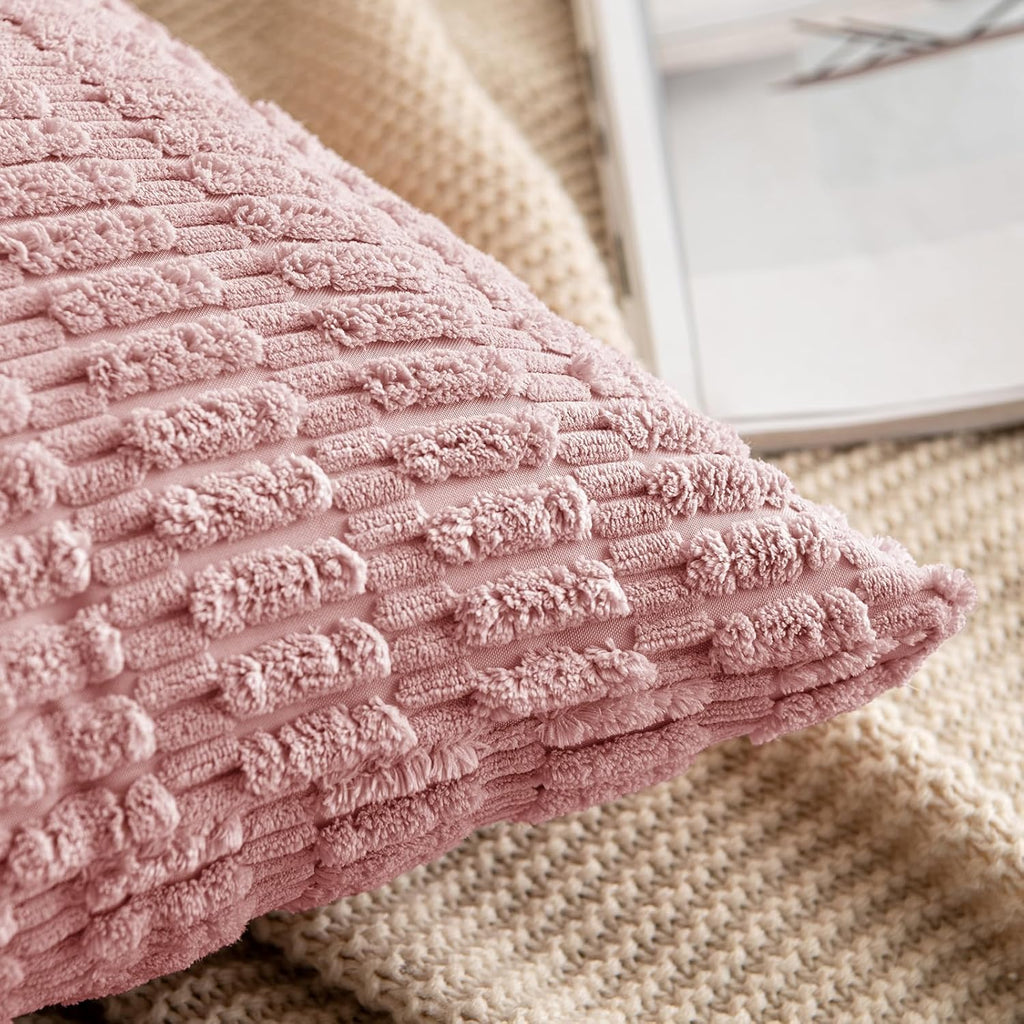 MIULEE Corduroy Throw Pillow Covers - Soft Boho Striped Design, 20x20 Inch, Blush Pink for Modern Home Decor