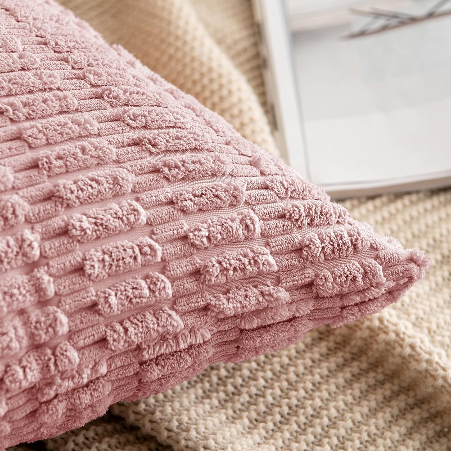 MIULEE Corduroy Throw Pillow Covers - Soft Boho Striped Design, 20x20 Inch, Blush Pink for Modern Home Decor