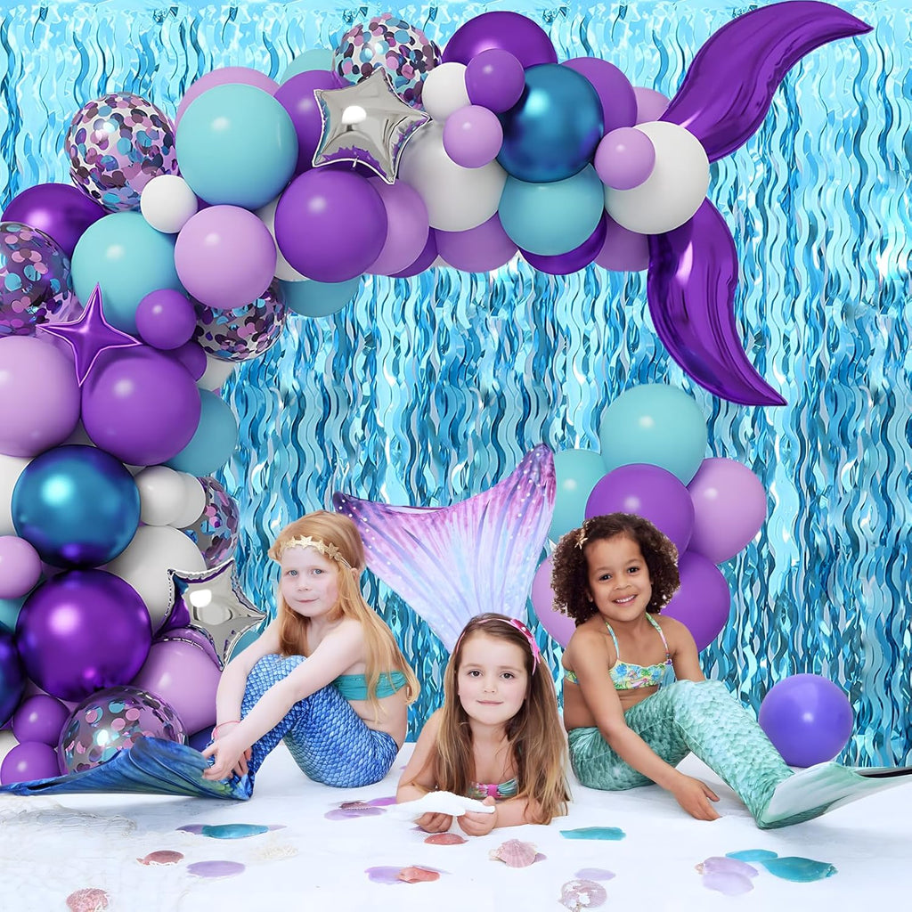 Skiennix Wavy Tinsel Foil Fringe Curtains - Teal Blue Streamers Backdrop for Ocean Themed Parties | 2 Pack, 3.2 ft x 6.6 ft