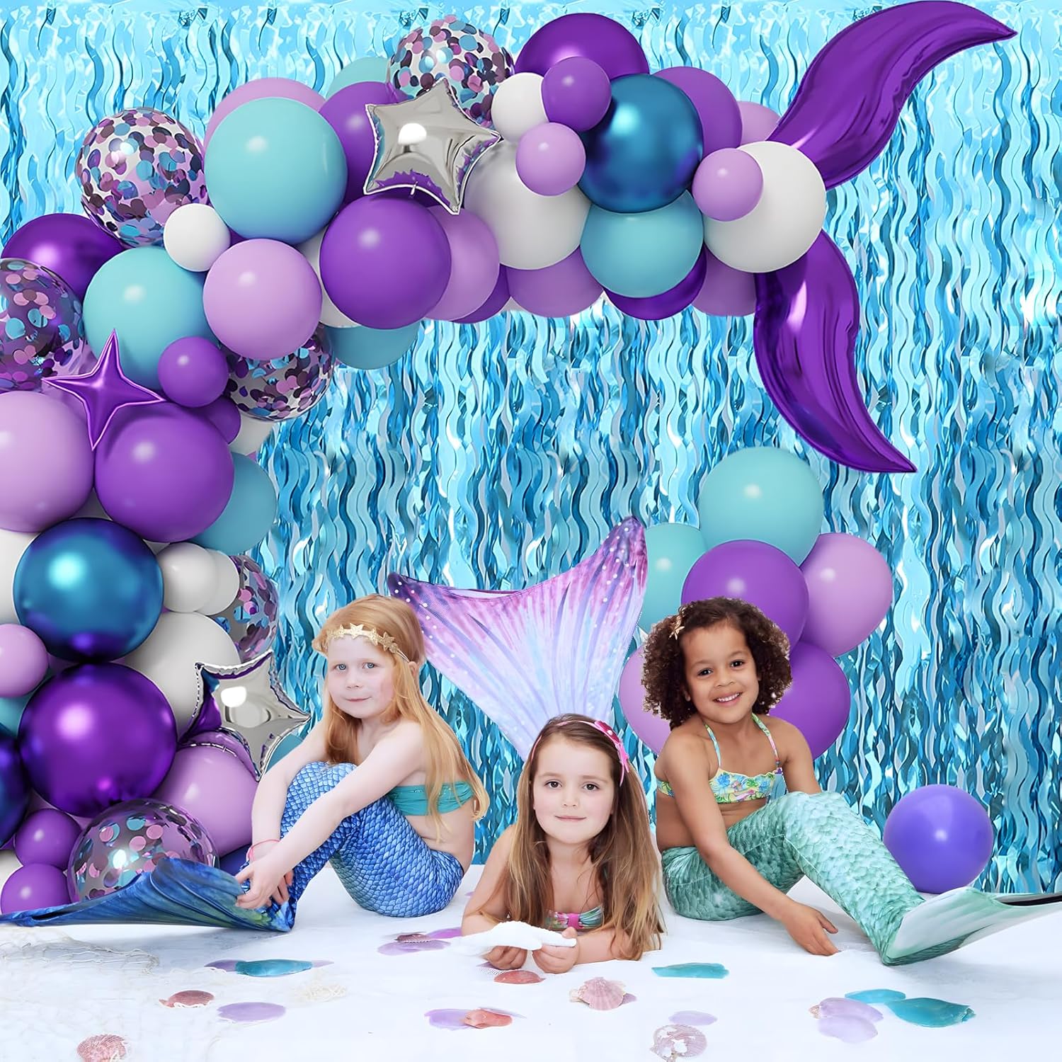 Skiennix Wavy Tinsel Foil Fringe Curtains - Teal Blue Streamers Backdrop for Ocean Themed Parties | 2 Pack, 3.2 ft x 6.6 ft