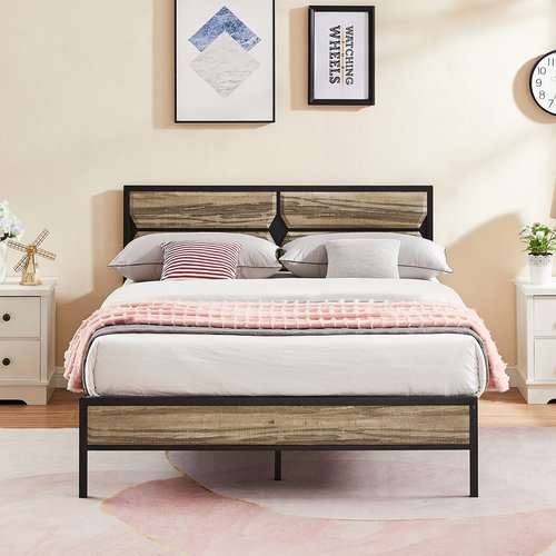 VECELO Full Platform Bed Frame with Wood Headboard/Mattress Foundation/Premium Steel Slats Support/No Box Spring Needed,Grey Slate(Square)