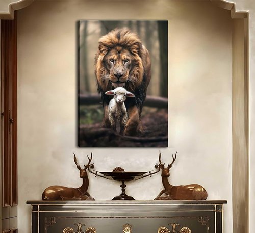 Framed Lion and Lamb Canvas Wall Art - Christian Jesus Lion King Poster for Living Room & Bedroom Decor