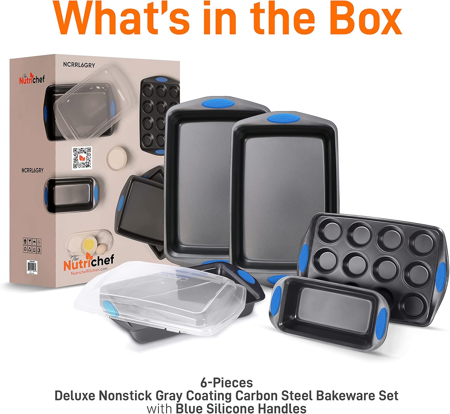 NutriChef 6-Piece Baking Pan Set - Nonstick Carbon Steel Bakeware with Blue Silicone Handles | Gray