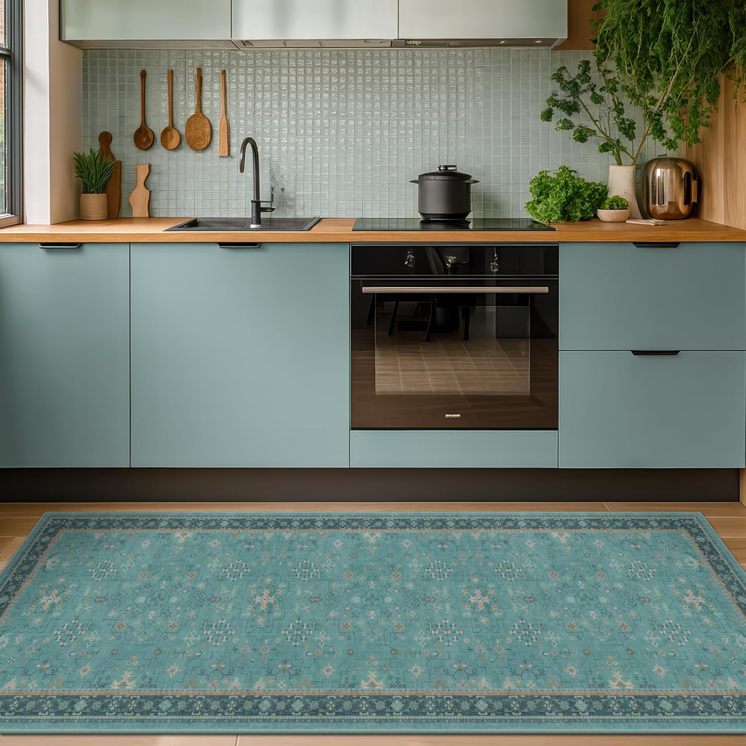 Teal Boho Kitchen Rug Runner - Washable Non-Slip Low Pile Carpet for Bathroom & Entryway | 2x5 Size