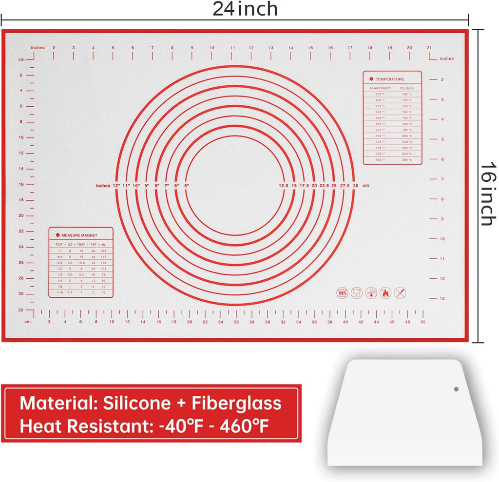 Skiennix Silicone Baking Mat - Non-Slip Pastry Mat with Measurements - BPA-Free, 24 x 16 Inches, Red | Includes Dough Scraper