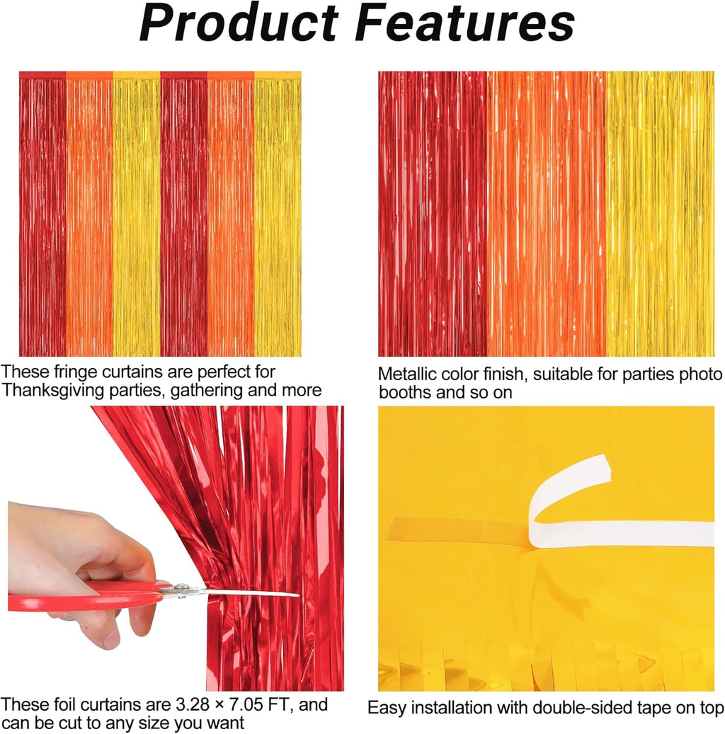 Regine Switzerland Thanksgiving Backdrop - 2 Pack Red Orange Gold Metallic Fringe Curtains | 3.28 FT x 7.05 FT Photo Props