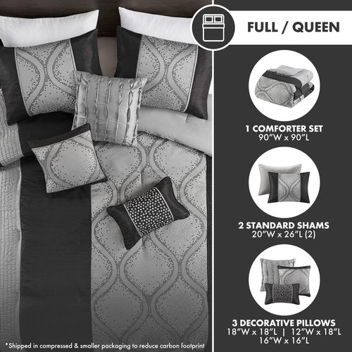 Madison Park Queen Comforter Set Jacquard Comforters for Queen Size Bed, Ogee Print, Pleated Trims, All Season Luxurious Comforters Queen Size Bedding Set, Lori, Full/Queen Black/Silver 6 Piece