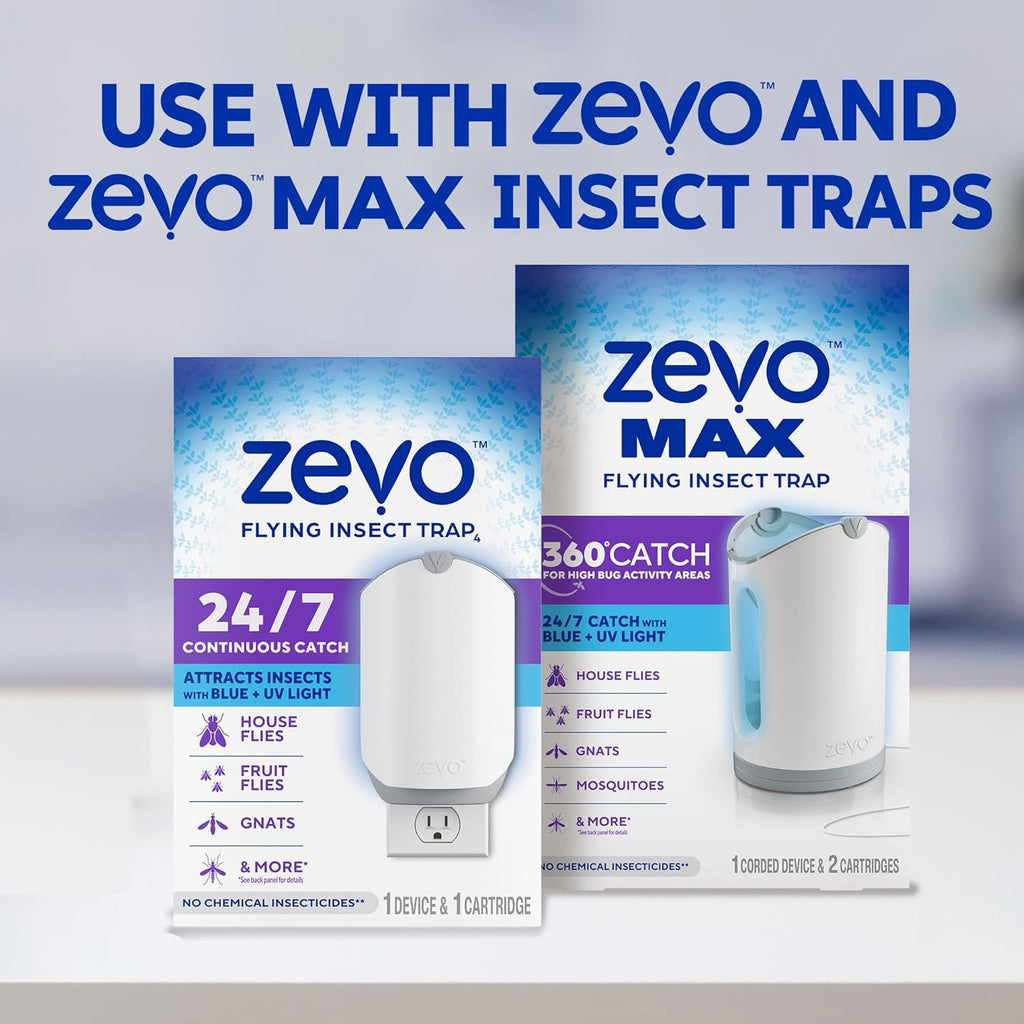 Zevo Flying Insect Trap Refill Cartridges - Compatible with Zevo & MAX Traps | Trap+Lock Technology for Gnats, House & Fruit Flies (4 Pack)