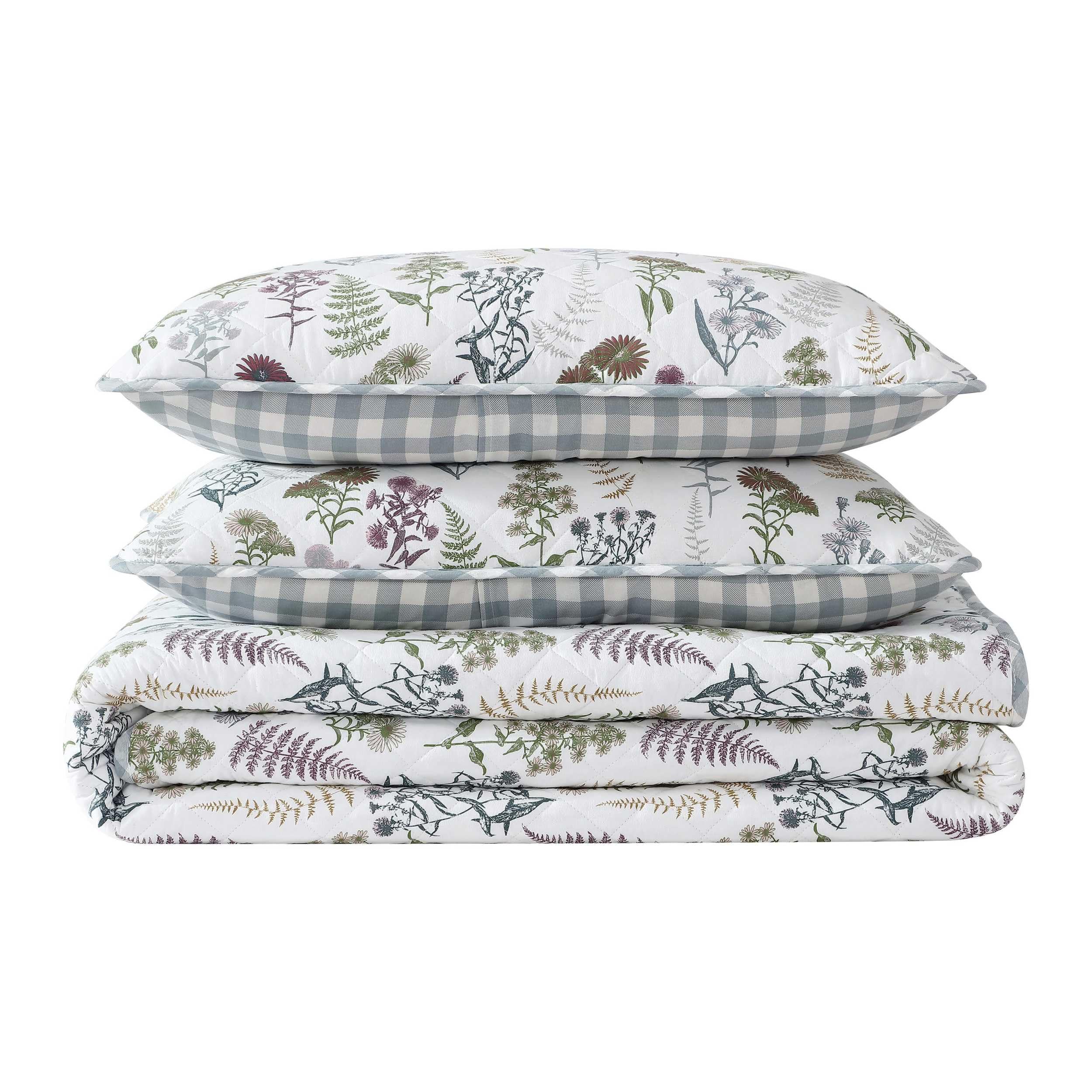 Eddie Bauer - Full/Queen Quilt Set, Reversible Cotton Bedding with Matching Shams, Classic Floral Home Decor with Plaid Reverse (Flower Field Green, Full/Queen)