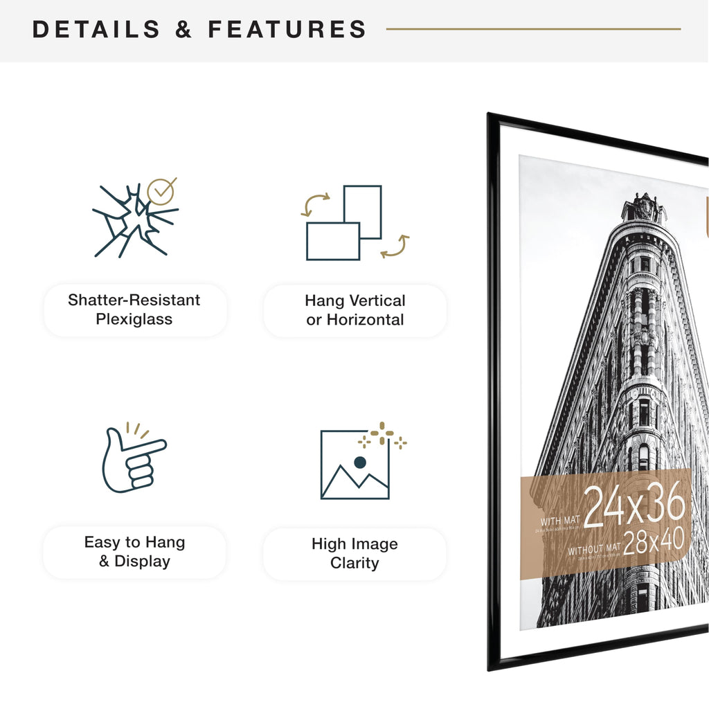 MCS Trendsetter 28x40 Poster Frame, Display Pictures 24x36 With Mat or 28x40 Without Mat, Vertical & Horizontal Wall Hanging Large Picture Frame for Photos & Posters, Black (1-Pack)