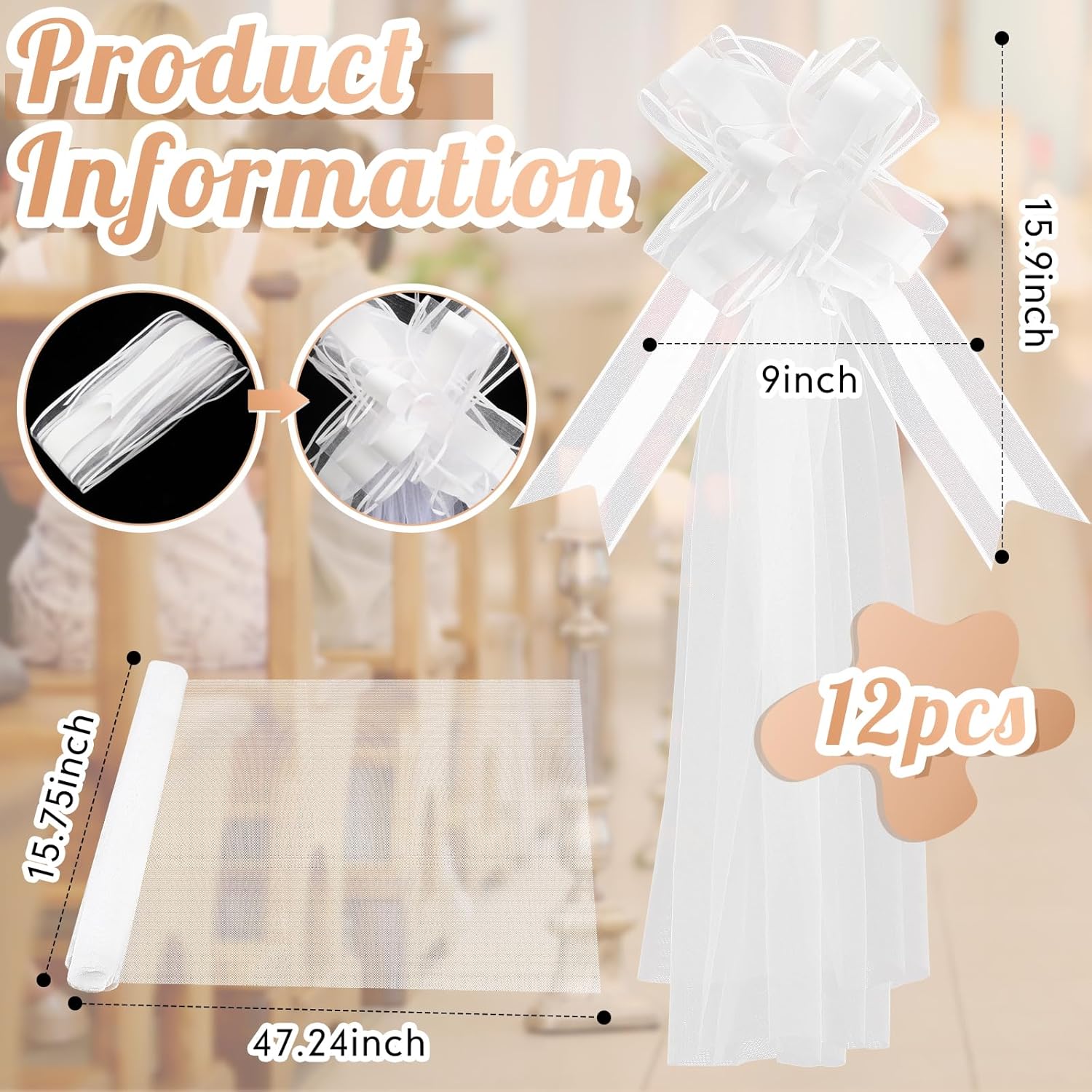 Skiennix 12 Set Large Wedding Pew Bows - Elegant White Tulle Tails for Aisle & Car Decorations