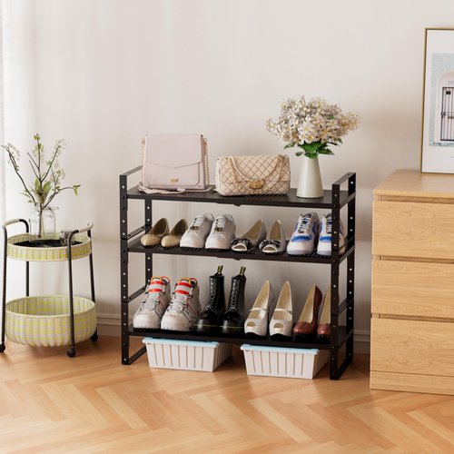 Jojocross Expandable Stackable Aadjustable Shoe Rack Pantry Shelf for Kitchen Cabinets Counter Shelves Countertop Cupboard Storage Solution,Sturdy Heavy-Duty Metal Construction(2Packs/Black/Medium)