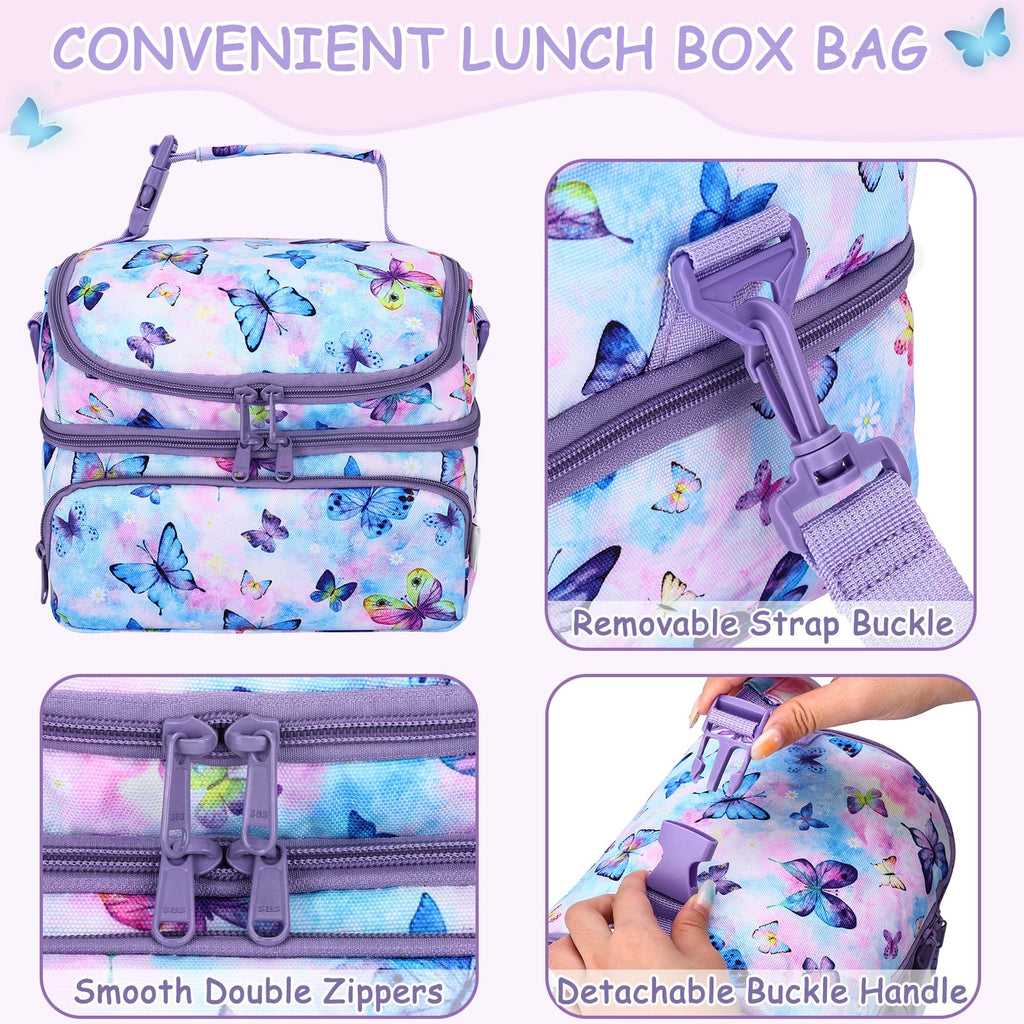 Kasqo Lunch Bag Kids, Dual Compartment Insulated Cooler Bag 7.5L Girls Boys Toddler Lunch Box Containers for Daycare School Kindergarten Travel Ombre Butterfly