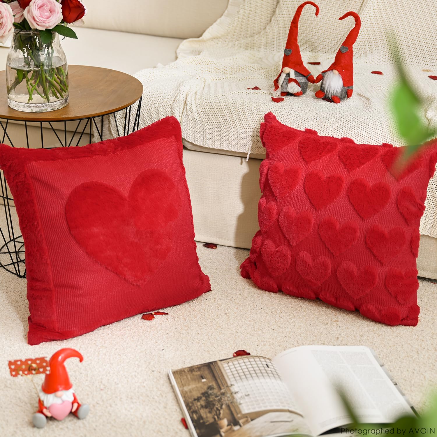 AVOIN colorlife Valentine's Day Love Heart Red Throw Pillow Covers, 18 x 18 Inch Anniversary Wedding Gift Home Decor Soft Plush Faux Fur Jacquard Cushion Case for Sofa Couch Set of 2