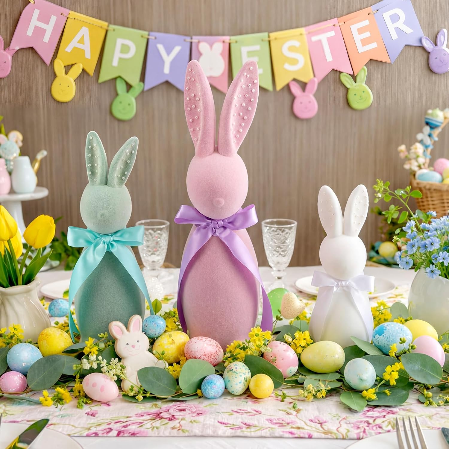Wesiti Flocked Bunny Easter Decorations - 3 Pack Pastel Bow Table Centerpieces (8", 10", 12")