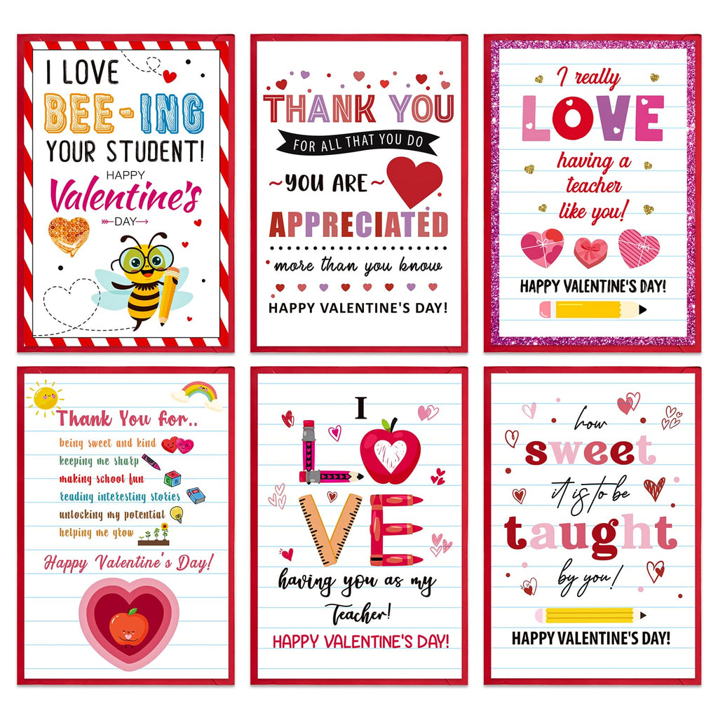 GMEMNOV 6 Pack Teacher Valentine Cards with Envelopes - Valentine's Day Cards for Teachers from Students, Bulk Thank You Cards, Teacher Appreciation Gifts, Classroom Valentine Card Set