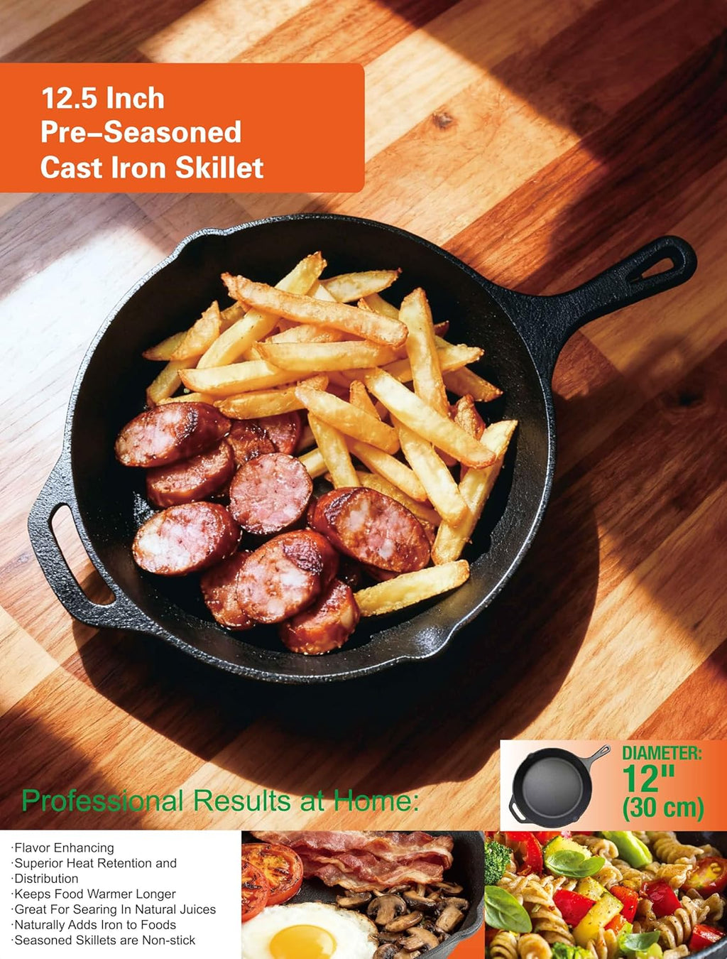Skiennix Pre-Seasoned Cast Iron Skillet - 12.5 Inch Heavy Duty Non-Stick Cooking Pan with Dual Handles