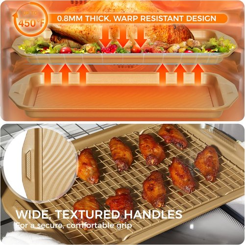 HONGBAKE 9-Piece Non-Stick Baking Pans Set - Wave Texture for Reduced Oil, 0.8mm Thick Bakeware, Gold