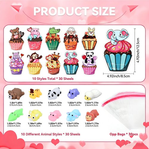 30 Pack Valentines Mochi Squishies Toys with Valentine Cards for Class,Kids,Teens Mini Animal Squishy Stress Relief Toy Valentine's Day Toys for Valentines Party Favors School Classroom Exchange