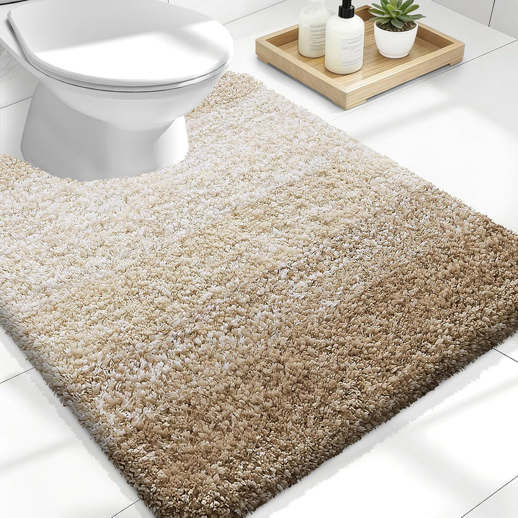 OLANLY Luxury Toilet Rugs - Extra Soft Microfiber U-Shaped Bath Mat 24x20 | Non-Slip Tan Contour Mat