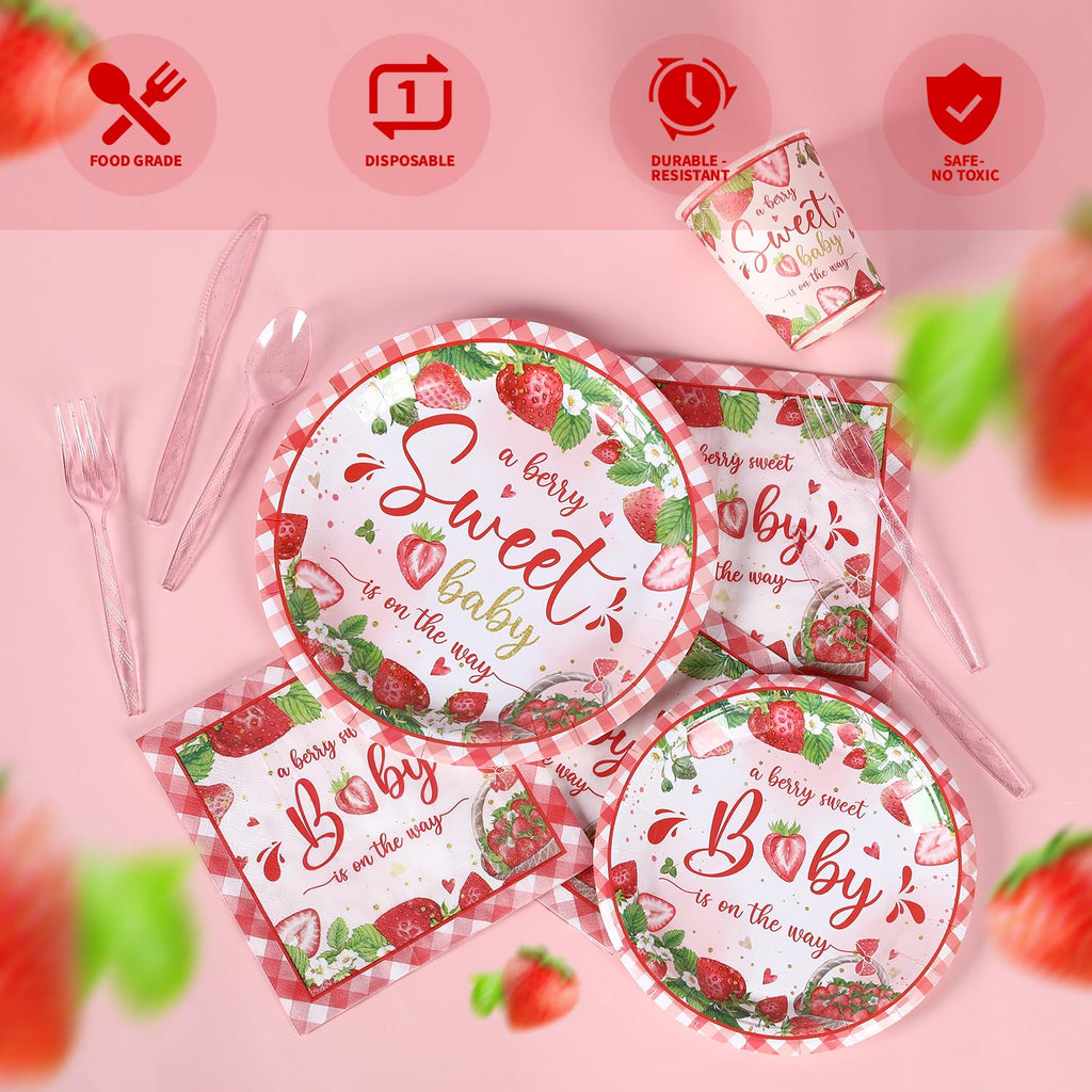 350 Strawberry Baby Shower Decorations for 50 Guests A Berry Sweet Baby is On The Way Party Supplies for Girls Disposable Dinnerware Set Paper Plates Napkins Cups
