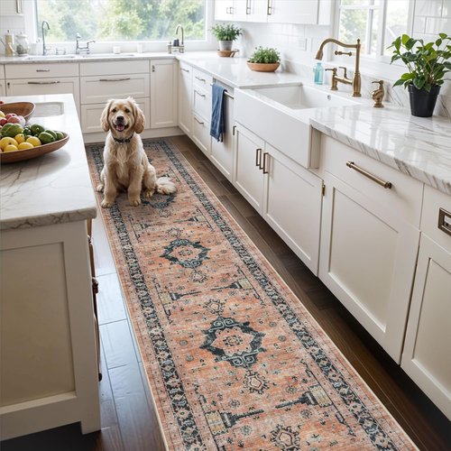 Hallway Washable Runner Rug - Vintage Non-Slip 2'6''x14'' Soft Indoor Carpet for Kitchen & Entryway