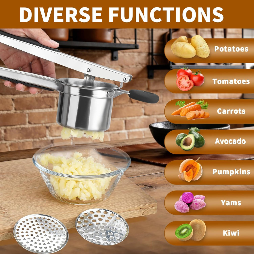 Skiennix Potato Ricer - Heavy Duty Stainless Steel with 3 Interchangeable Discs & Silicone Handle | Perfect for Mashed Potatoes