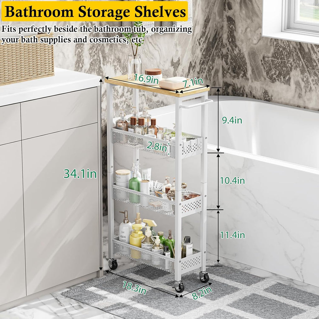 OKZEST Slim Rolling Storage Cart - 4 Tier Mobile Organizer with Wood Top for Kitchen & Bathroom