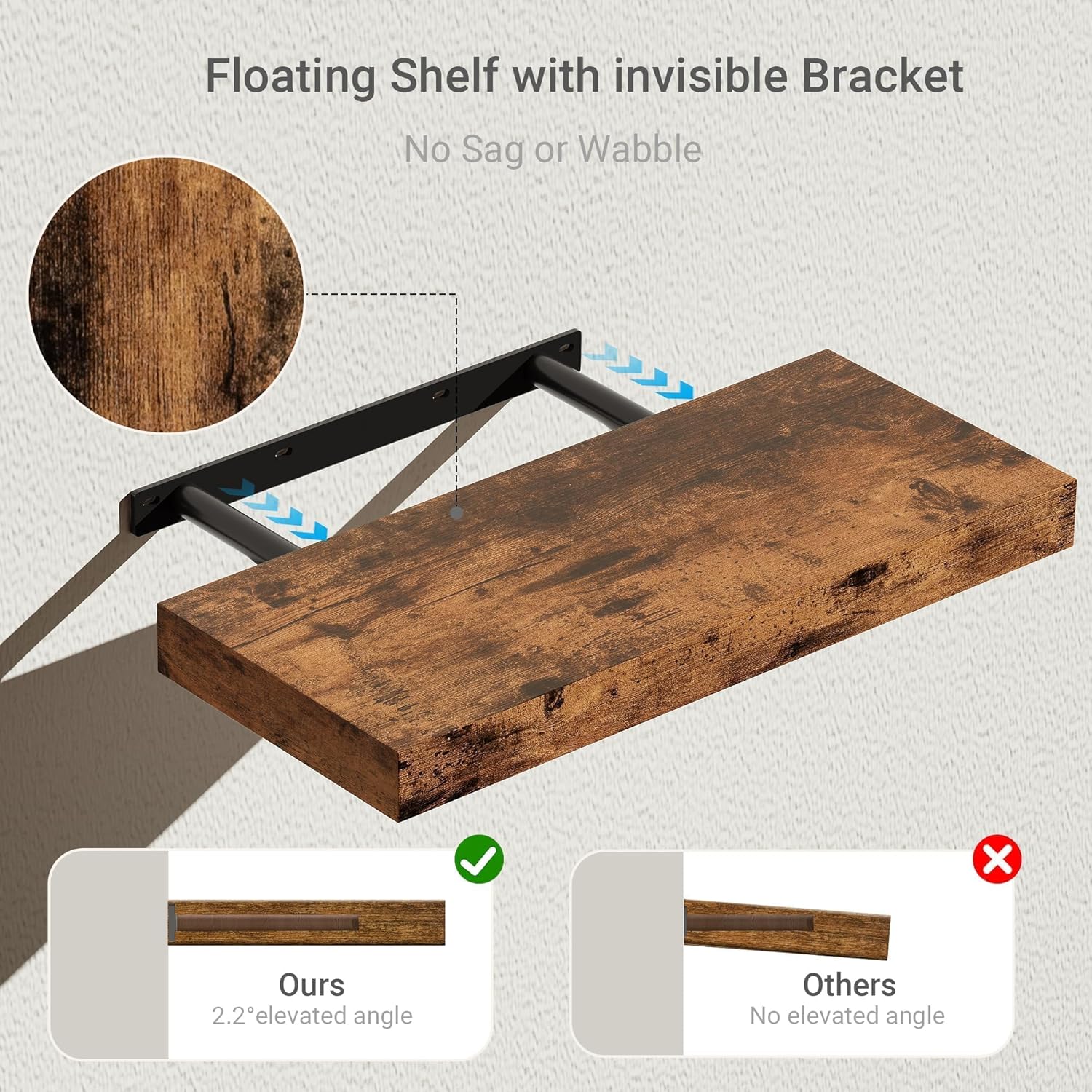 Vivelove Floating Shelves - 16-Inch Rustic Brown Display Shelves with Invisible Brackets | Set of 2 for Home Decor