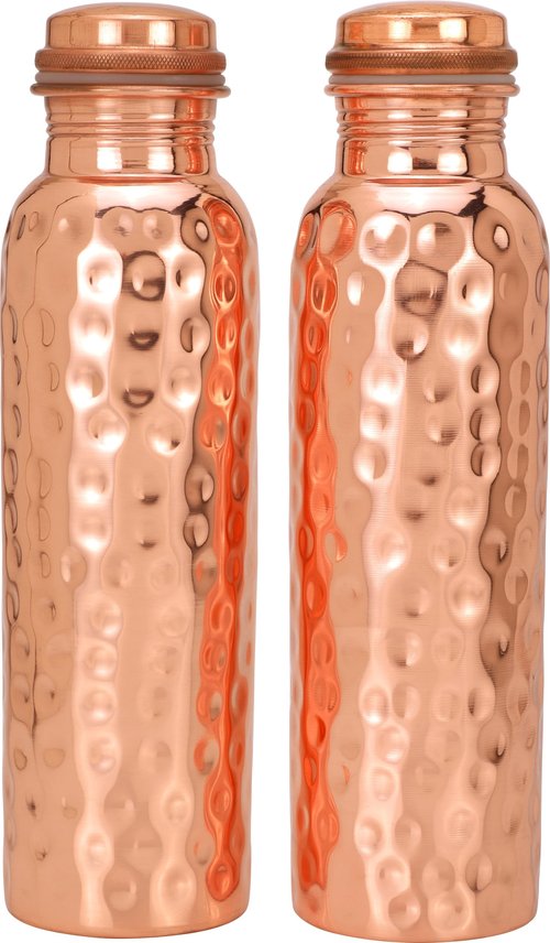 Kitchen Science Authentic Ayurvedic Copper Water Bottle Pack of 2 for Drinking Water | Large 34OZ Copper Vessel | 2 Canvas Bottle Carrying Bags