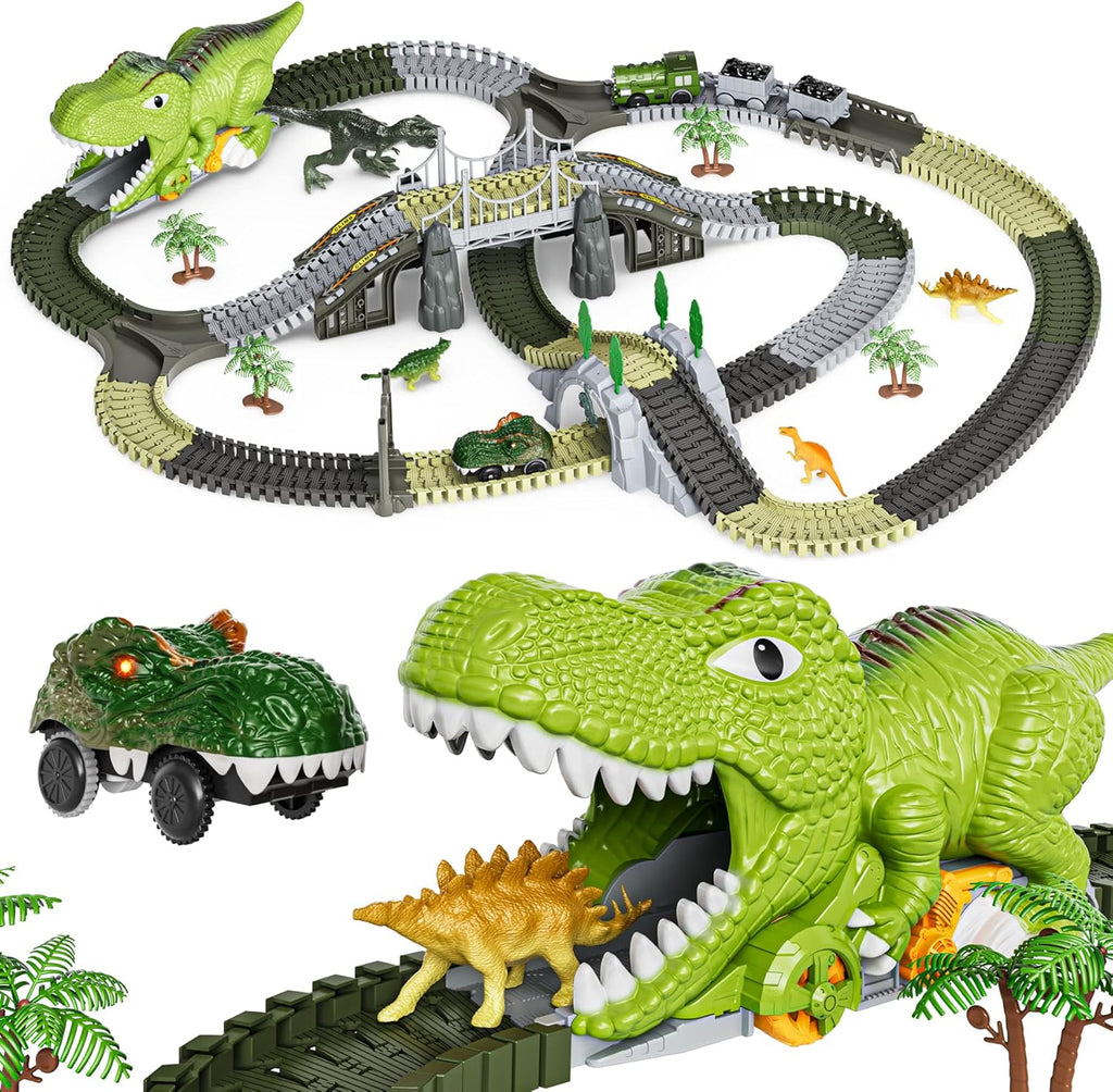 TUMAMA Dinosaur Train Set - 281 Pcs Flexible Race Track with 4 Dinosaur Figures & 2 Electric Cars for Kids 3-7