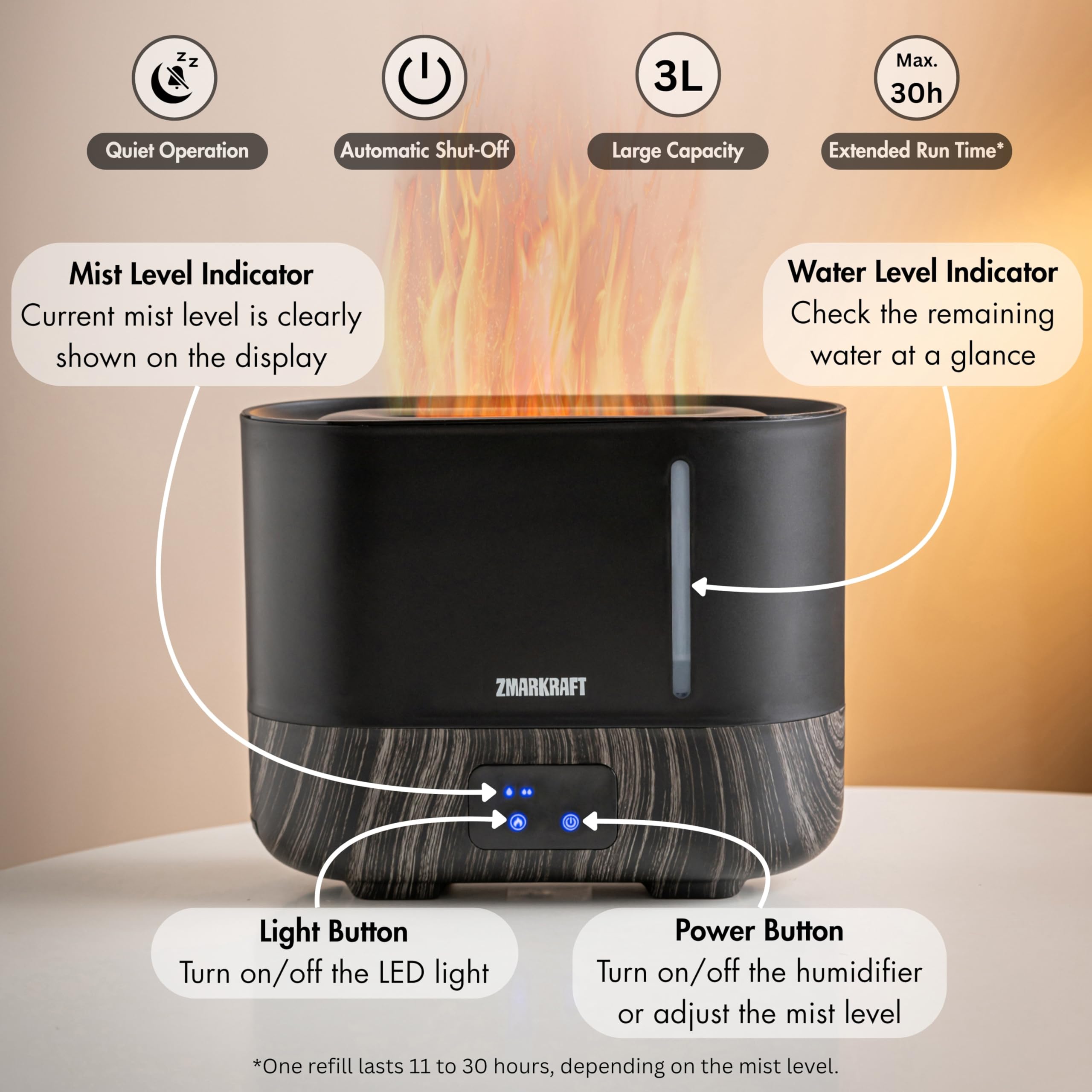 ZMARKRAFT® 3L Large Humidifier with Special Flame Light Effect, Quiet Ultrasonic Humidifying, Top Fill and Adjustable Mist Level, Cool Mist Humidifier for Any Season for Bedroom and Living Room