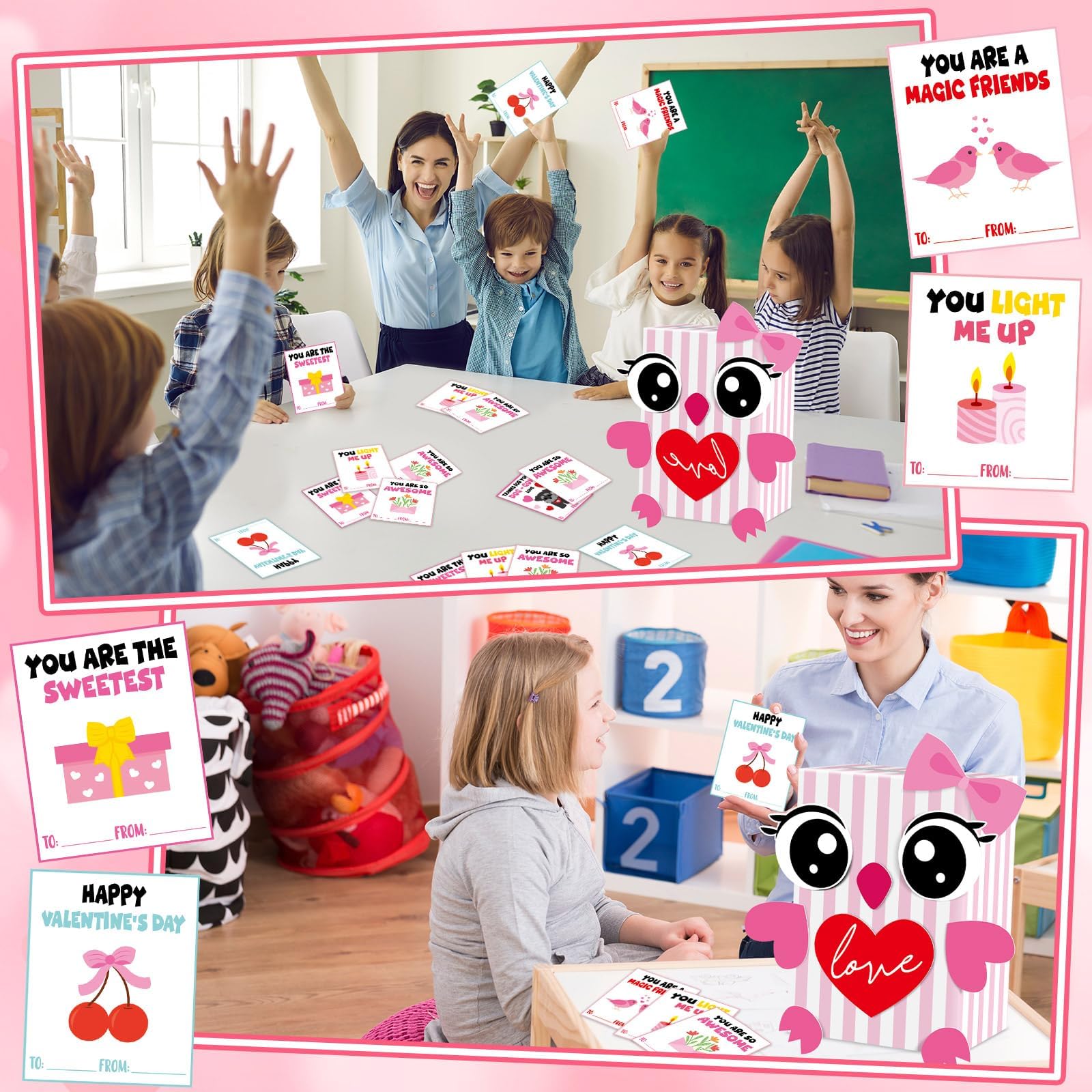 ojustbeok Large Valentine's Day Card Box for Kids with 50 Valentine Cards DIY Heart Owl Valentines Day Mailbox Cards Set for Girls Boys School Classroom Exchange Valentines Party Favors Supplies