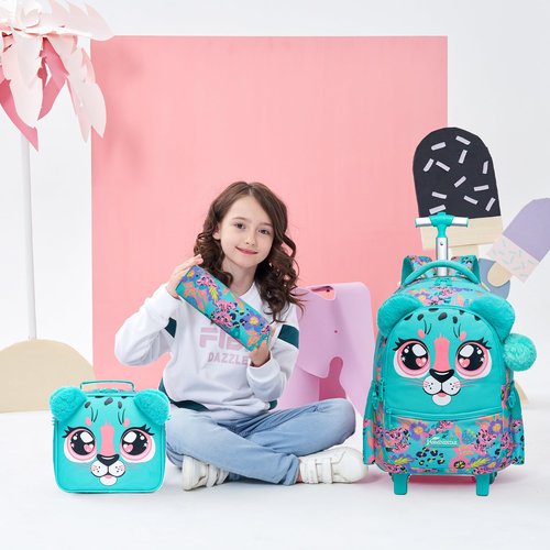 ZBAOGTW Backpack with Wheels for Kids Rolling Backpack for Girls 8-12 Roller Backpacks for Girls Cute Kawaii with Lunch Box Pencil Case Back to School Supplies